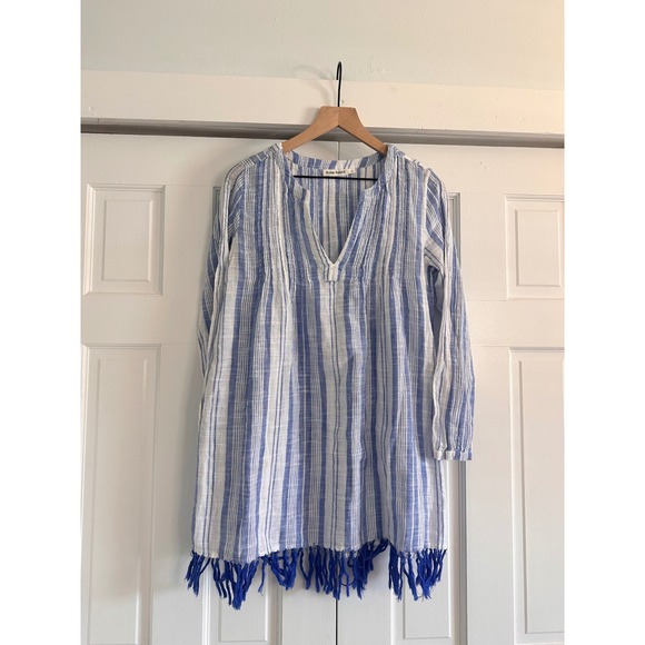 Roller Rabbit Dresses & Skirts - Roller Rabbit Blue White Striped Fringe Tassel Tunic Dress XS Boho Coastal AS IS
